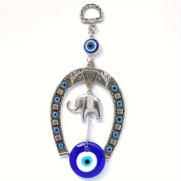 NWT Ornate Silver Metal Elephant🐘 Blue Evil Eye 🧿 Horseshoe Hanging Decoration - Picture 10 of 11